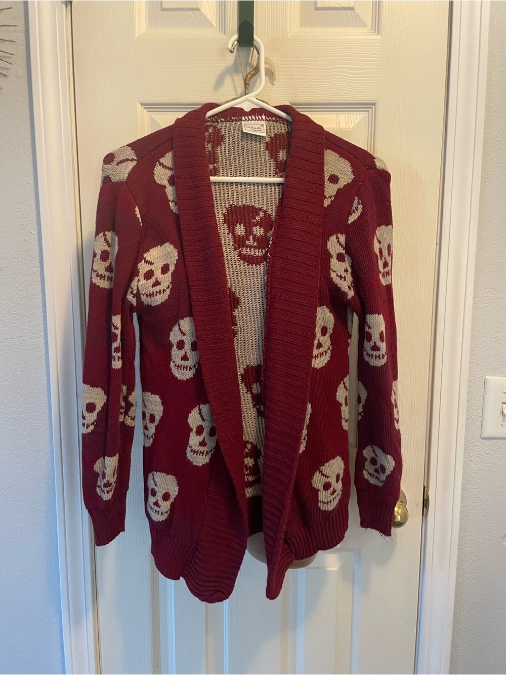 Skull Pattern Open-Front Cardigan Sweater - Maroon